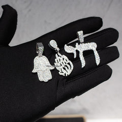 Moissanite Iced Out 925 Sterling Silver Shiny Chai Hamsa Pendants