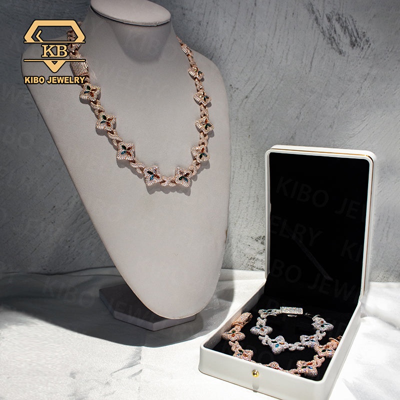 Iced Out Moissanite Clover Infinity Link Cuban Bracelet And Necklace