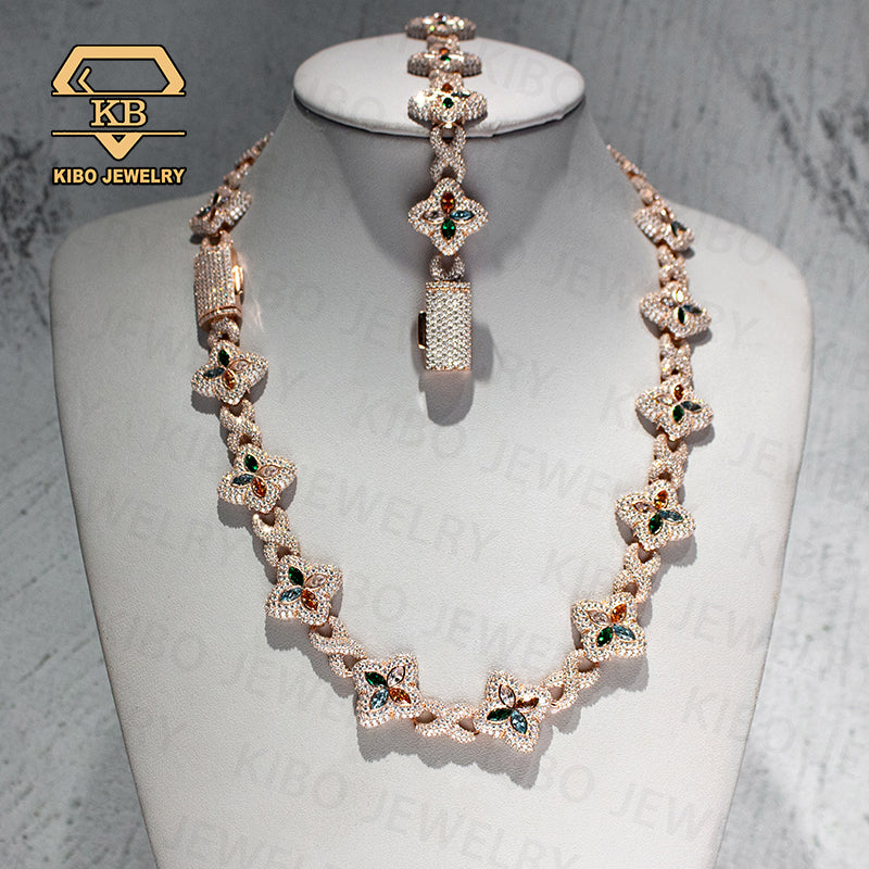 Iced Out Moissanite Clover Infinity Link Cuban Bracelet And Necklace