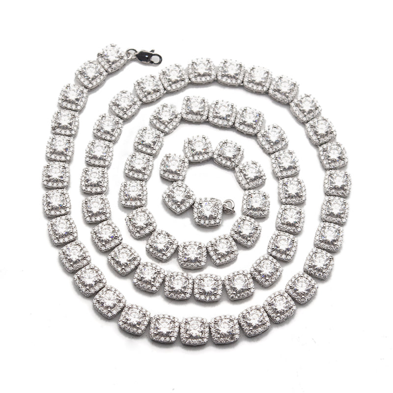  Iced Out 925 Sterling Silver Square Necklace Clustered Tennis Moissanite Chain