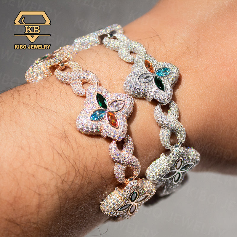 Iced Out Moissanite Clover Infinity Link Cuban Bracelet And Necklace