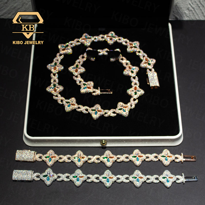 Iced Out Moissanite Clover Infinity Link Cuban Bracelet And Necklace