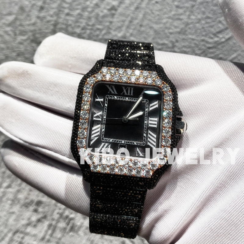 Rapper Iced Out Two Tone Full Diamond Watch VVS Black Moissanite Hip Hop Watch