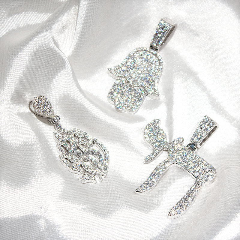 Moissanite Iced Out 925 Sterling Silver Shiny  Chai Hamsa Pendants
