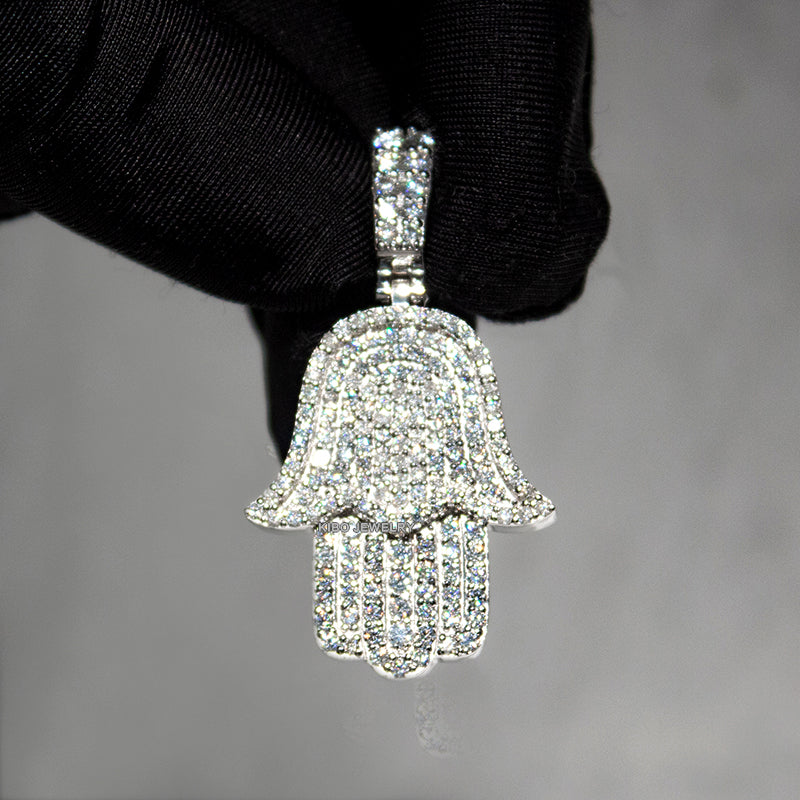 925 Sterling Silver Micro Paved Setting Moissanite Iced Out Hamsa Hand Pendant