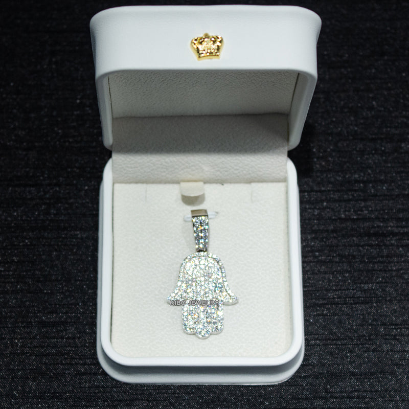 925 Sterling Silver Micro Paved Setting Moissanite Iced Out Hamsa Hand Pendant