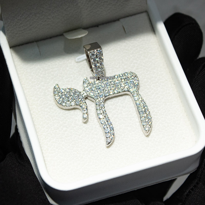 Moissanite Iced Out 925 Sterling Silver Shiny  Chai Hamsa Pendants