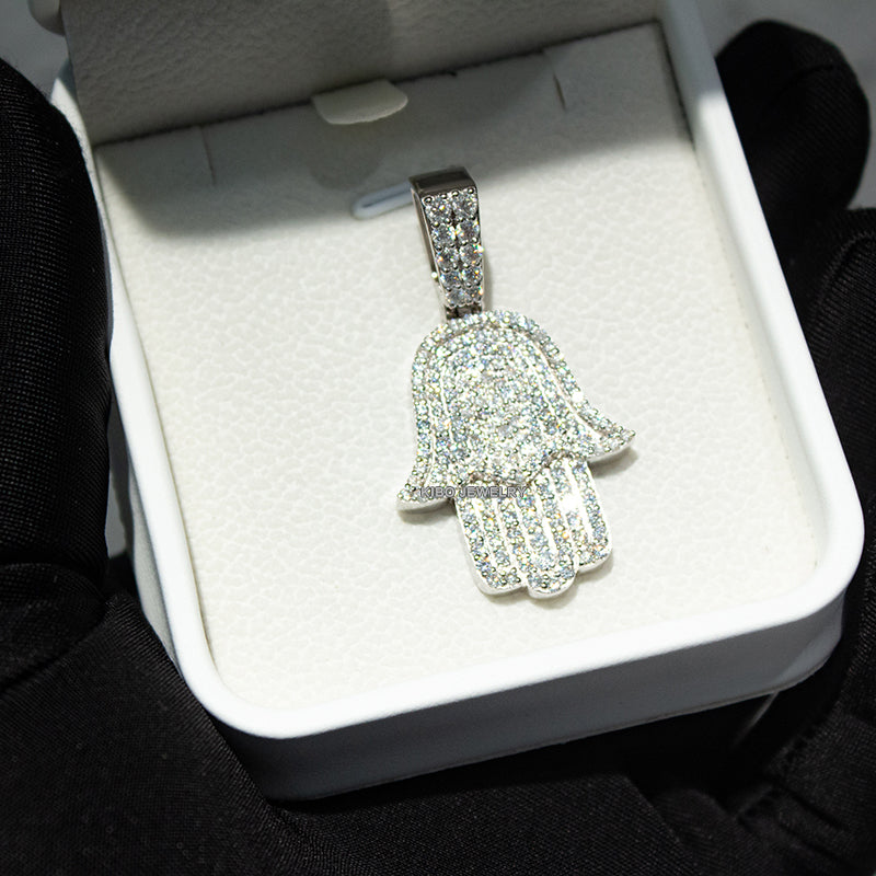 925 Sterling Silver Micro Paved Setting Moissanite Iced Out Hamsa Hand Pendant