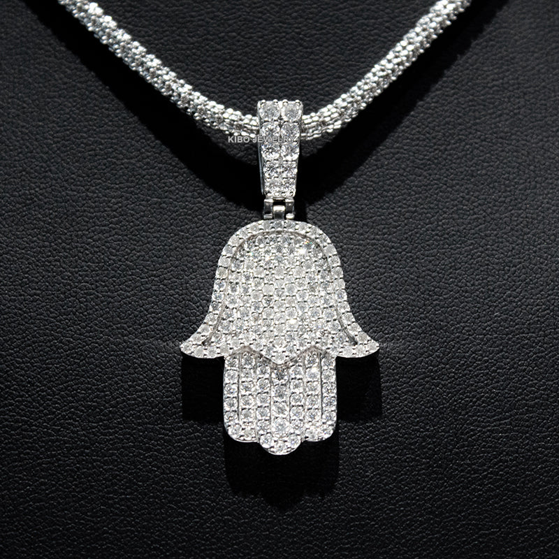 925 Sterling Silver Micro Paved Setting Moissanite Iced Out Hamsa Hand Pendant